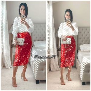 NWT, Anthropologie, Maeve Sequined Red Midi Skirt